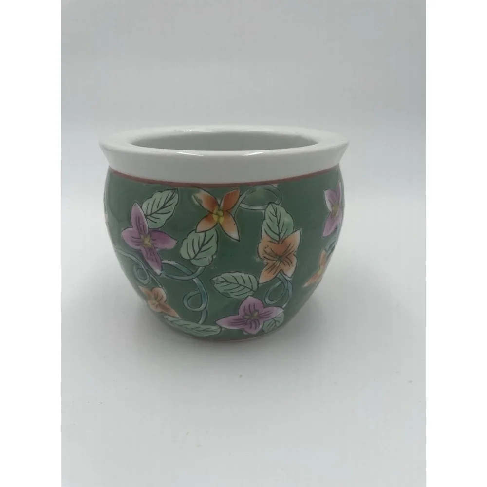 Vintage Small Chinese Jardiniere Planter Pot Floral Hand‎ Painted 3.5